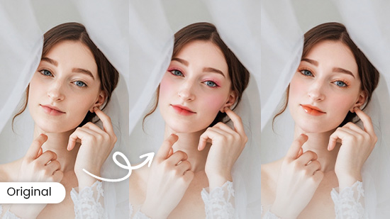 an original wedding photo and 3 different wedding makeup photos made with Vivid Glam